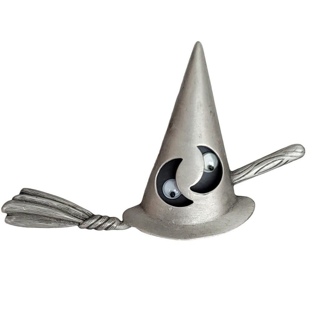 Tona Silver Tone Witch Hat Broom Googly Eyes Halloween Brooch Pin, Signed K421